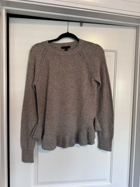 Ann Taylor Light Grey Crewneck Sweater with Fluted Hem